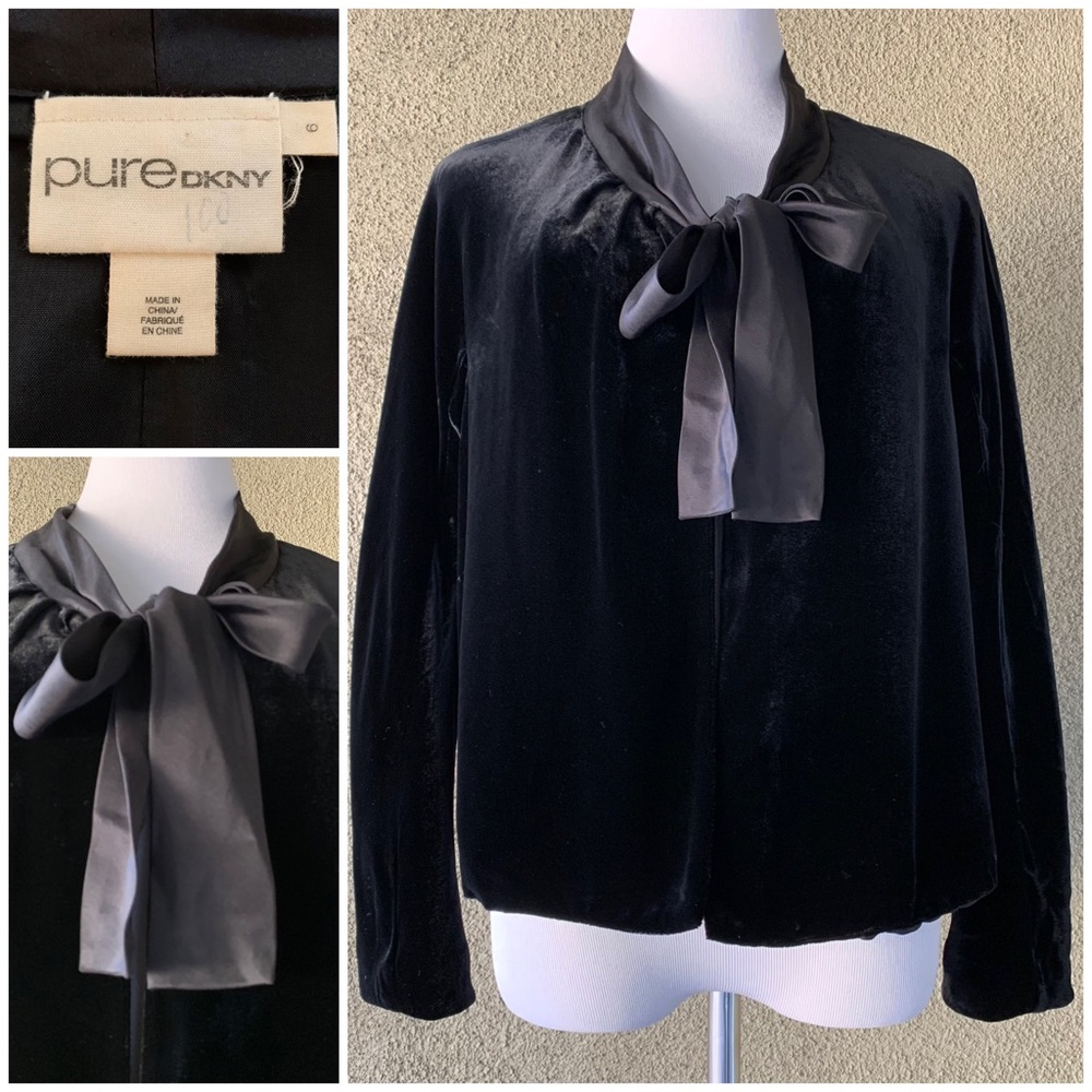 “Pure DKNY” Black Velvet Jacket Bow-Tie Closure Gorgeous size 6